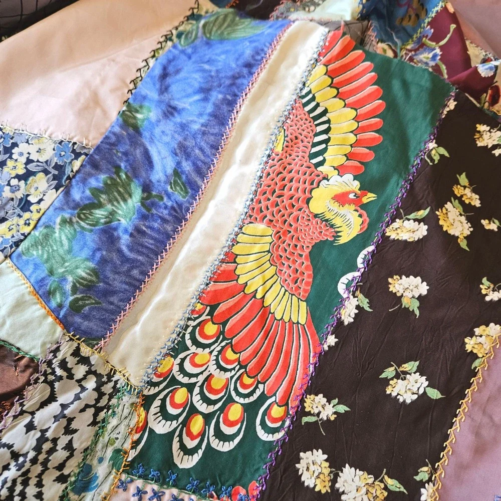 Vintage 40s Handmade Crazy Quilt Top Silk Satin Velvet Embroidered Folk Art Twin